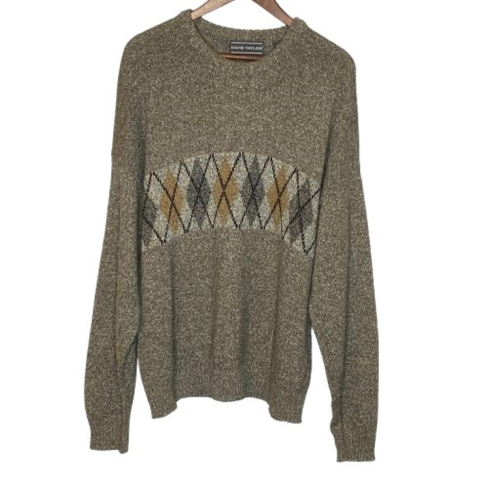 VTG David Taylor Mens Argyle Sweater L Brown Grandpa Preppy Ivy Indie Academia